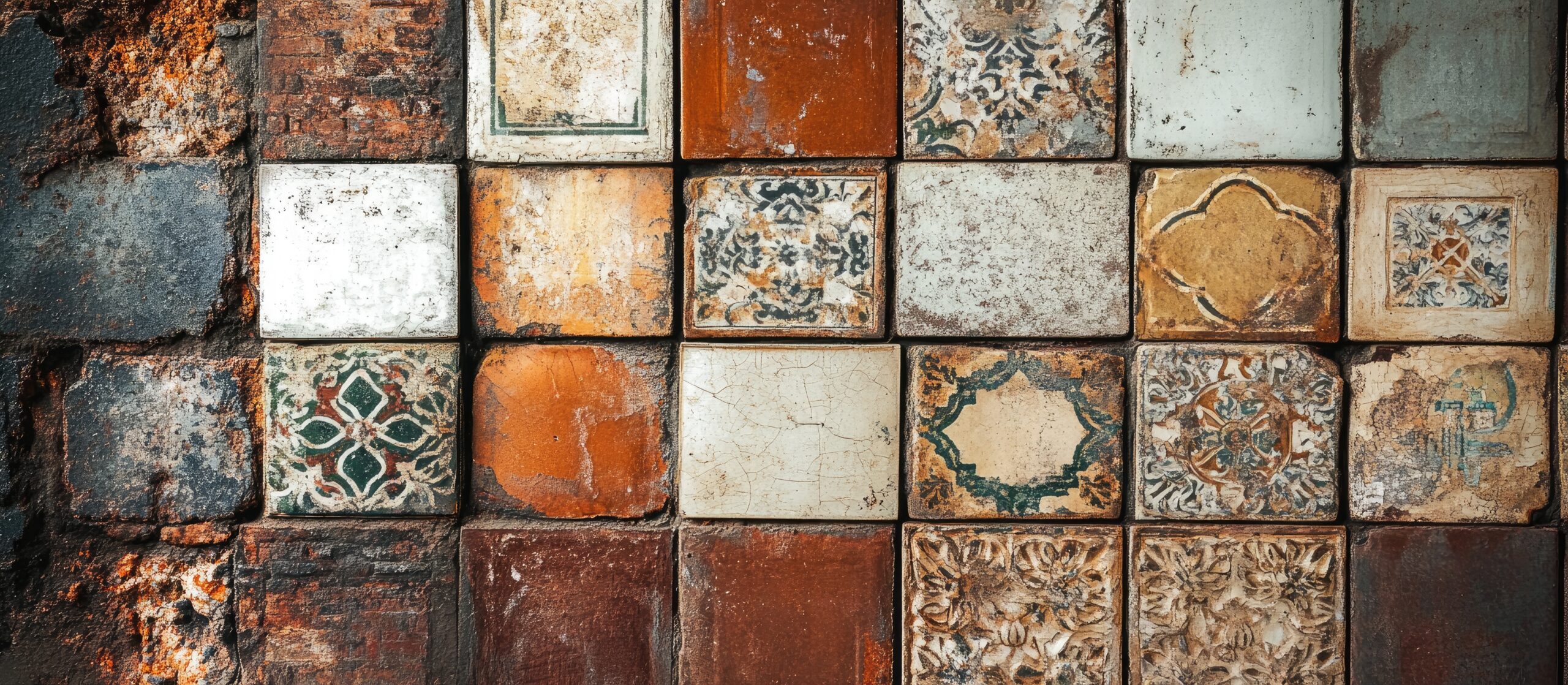 Antique ceramic tiles with intricate patterns adorning a weathered wall showcasing historical craftsmanship