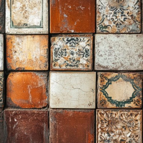 Antique ceramic tiles with intricate patterns adorning a weathered wall showcasing historical craftsmanship